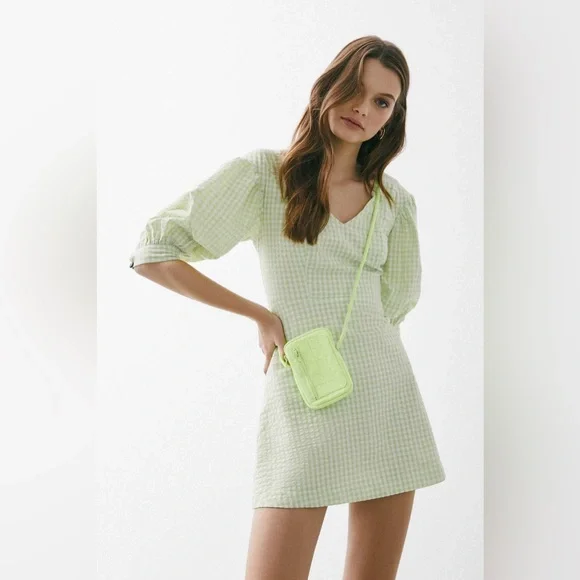 Urban Outfitters | Dresses | Urban Outfitters Neon Green Gingham Puff Sleeve  Mini | Poshmark